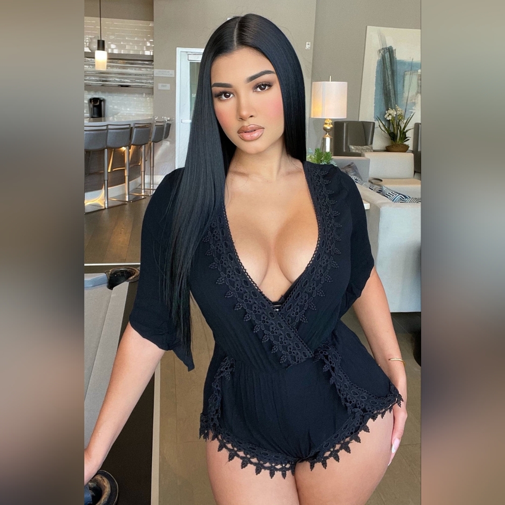 Fashion Nova Selfless Romper Women's Small | Solid Black V-neck Lace Trim Outfit